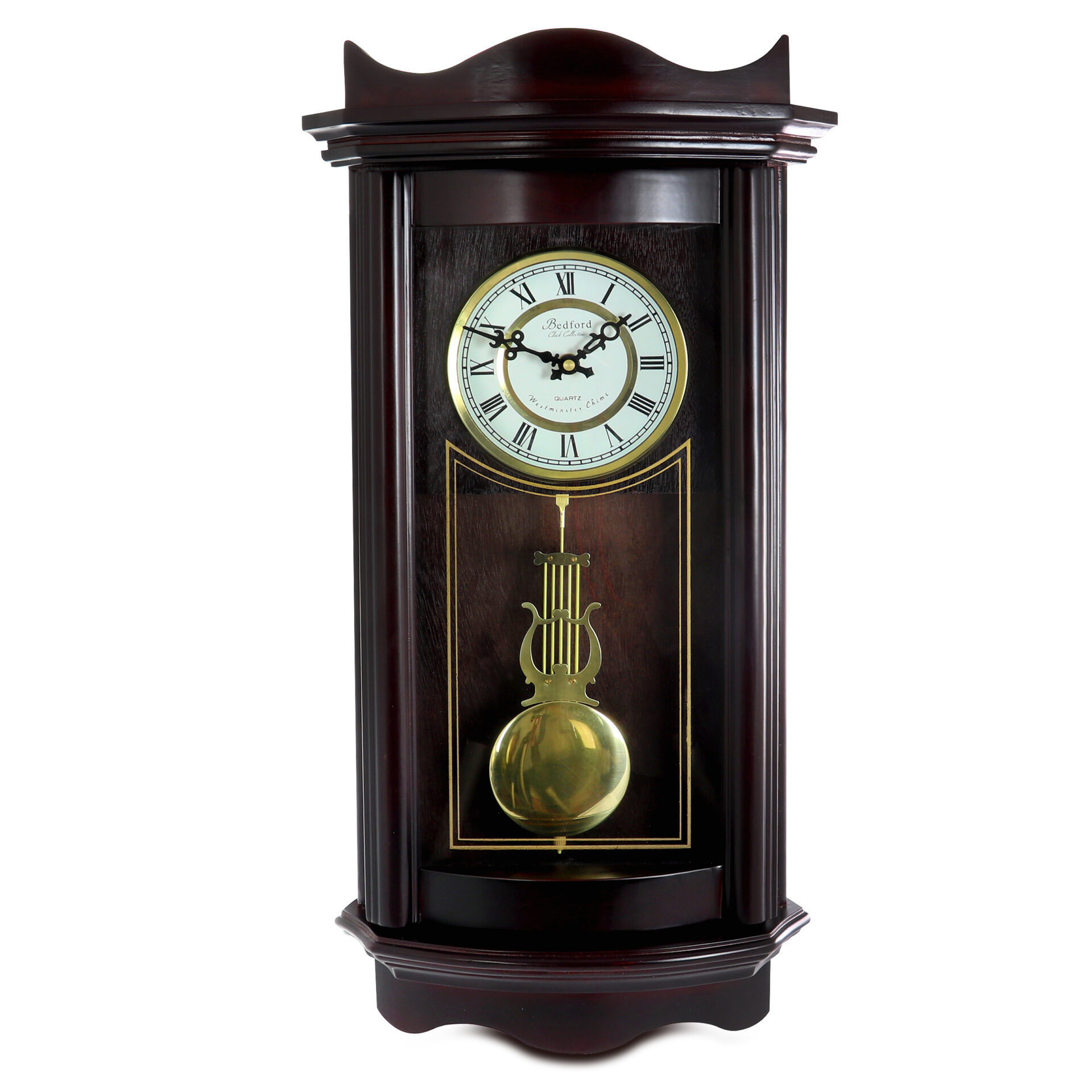25 Inch Chiming Pendulum Wall Clock Chocolate Cherry Finish