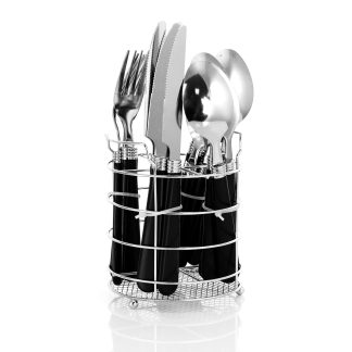 Gibson Sensations II 16 Piece Flatware Set Black Handles Caddy