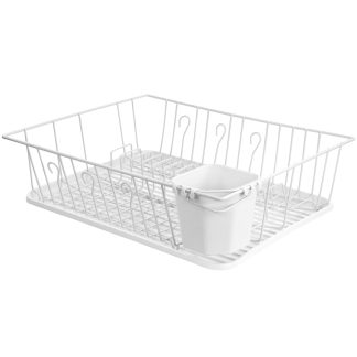 17.5 Inch White Single Level Dish Rack with Utensil Holder
